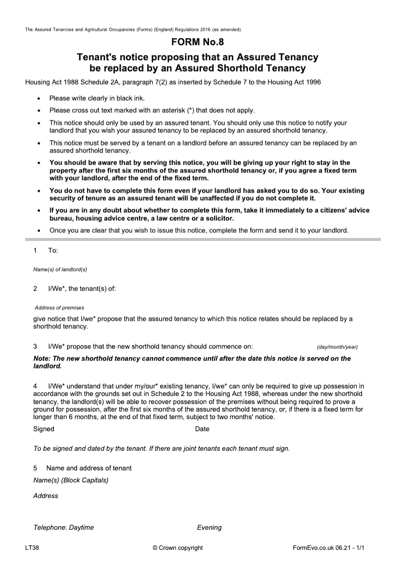 LT38 Tenant s notice proposing that an Assured Tenancy be replaced by an Assured Shorthold Tenancy [LTA8 HA37] preview